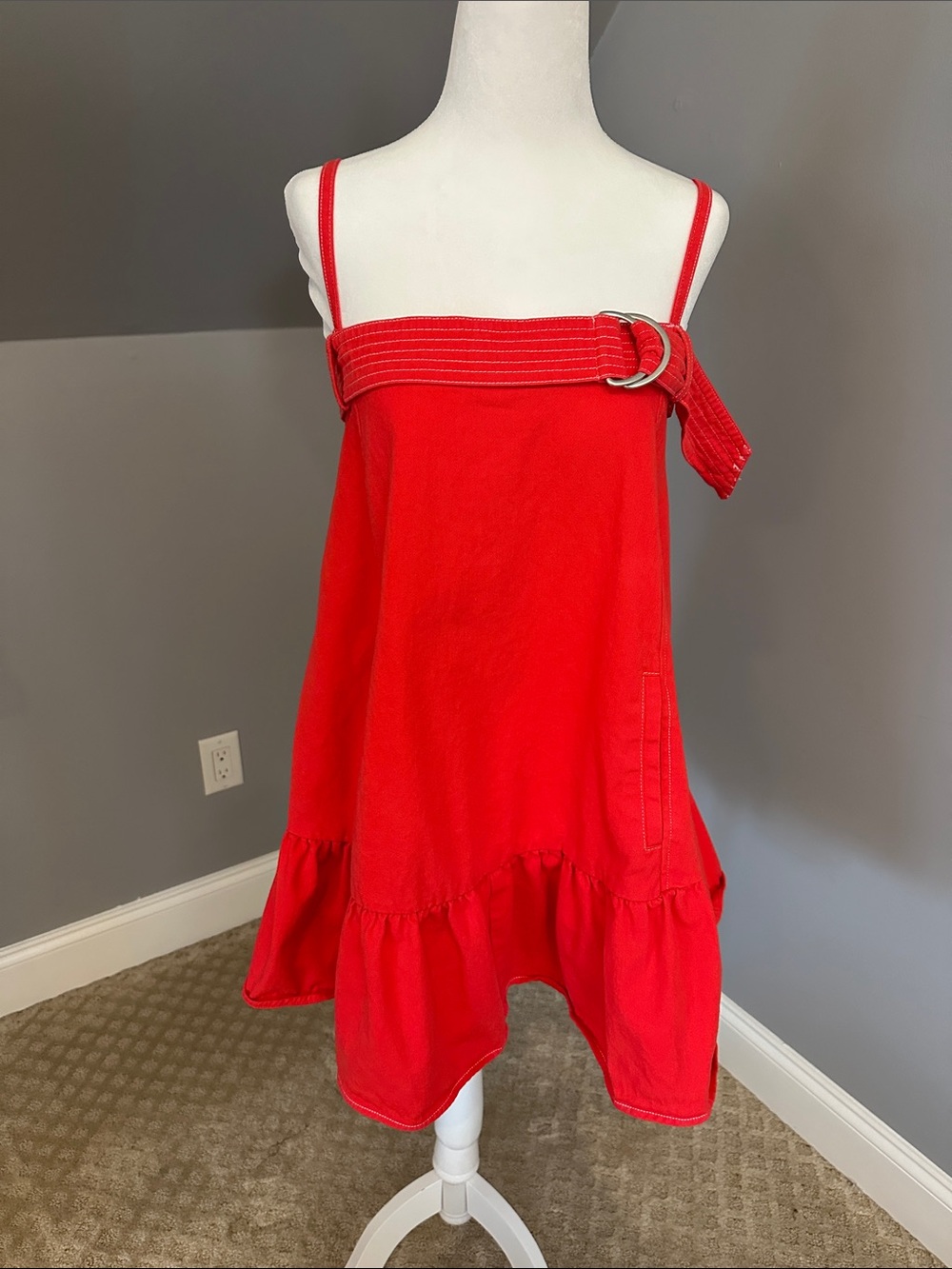 Spaghetti-Strap Red Mini Dress with Buckle Detail